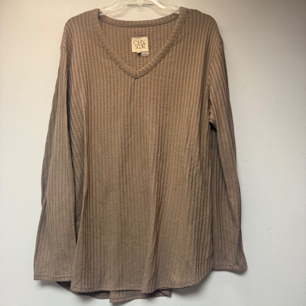 Chaser Waffle Knit Top Womens XXL Brown Excellent V-Neck Long Sleeve Thermal